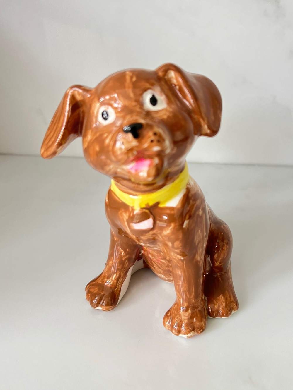 Vintage Ceramic Brown Dog Figurine Hand Painted Puppy Decor Signed